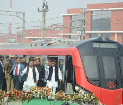 Uttar Pradesh chied minister and Samajwadi party chief- Mulayam Singh Yadav alight from Lucknow Metro after its maiden trial in Lucknow.