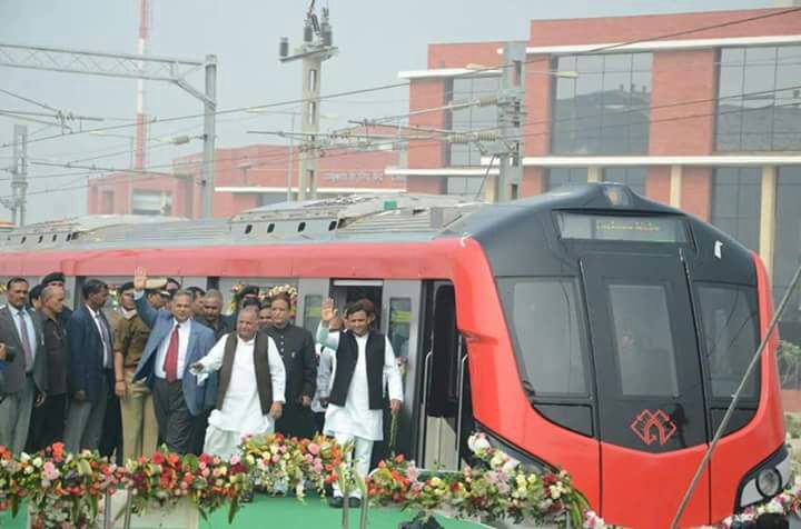 Uttar Pradesh chied minister and Samajwadi party chief- Mulayam Singh Yadav alight from Lucknow Metro after its maiden trial in Lucknow.