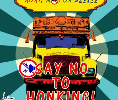 Pic of Truck with caption: Say No to Honking and Horn Not OK please. This is based on India contect where most trucks have bumper stickers saying - Horn please