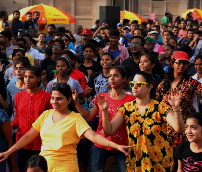 A dance/aerobics session in progress during the Happy Streets event in Lucknow on a Sunday morning.